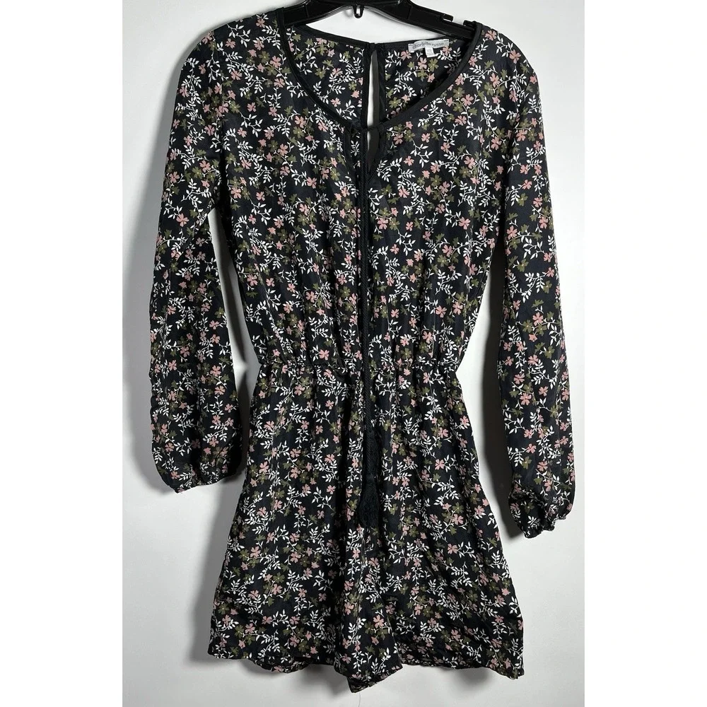 Charlotte Russe Sz Sm Black Pink Floral Long Sleeve‎ Romper Tie Front Light Boho